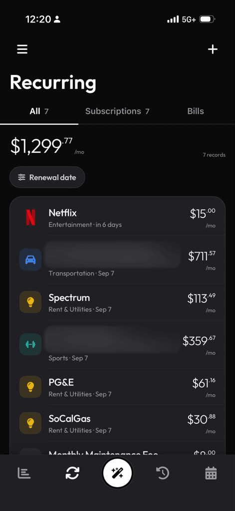 The Renew Reminder recurring list on iPhone: $1,299.77 a month across 7 records, sorted by renewal date — Netflix at $15.00 in 6 days, Spectrum at $113.49, PG&E at $61.16 and SoCalGas at $30.88. Two entries are deliberately blurred.