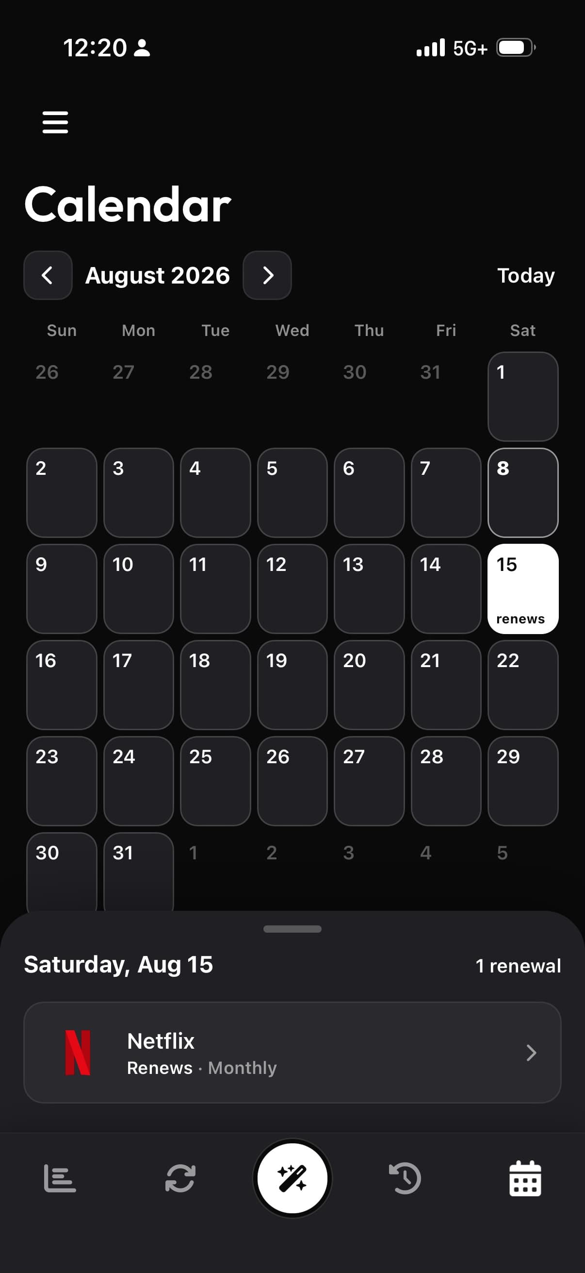 The Renew Reminder renewal calendar on iPhone: August 2026 with the 15th marked as a renewal day, and a sheet below listing that day's single renewal, Netflix, monthly.